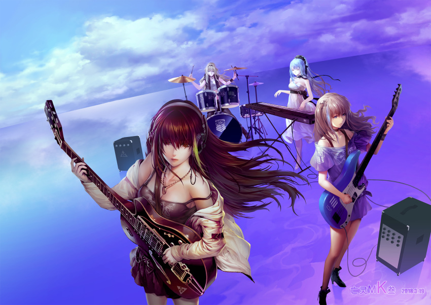 ak-12_(girls_frontline) alternate_costume amplifier an-94_(girls_frontline) ankle_boots bangs bare_shoulders belt black_footwear black_legwear black_ribbon black_tank_top blonde_hair blue_eyes blue_sky boots braid breasts brown_eyes brown_hair buckle chain choker cleavage closed_eyes closed_mouth cloud collarbone commentary dated defy_(girls_frontline) dress drum drumsticks electric_guitar eyebrows_visible_through_hair floating_hair french_braid fur-trimmed_vest girls_frontline grifon&amp;kryuger guitar hair_ornament hairband headphones high_heel_boots high_heels highres holding holding_instrument instrument jacket jewelry keyboard_(instrument) long_hair looking_at_viewer looking_away m4a1_(girls_frontline) medium_breasts multicolored_hair multiple_girls neck_ribbon necklace off_shoulder one_side_up pants pantyhose pink_hair plectrum purple_dress ribbon shirt silver_hair sitting sky small_breasts st_ar-15_(girls_frontline) standing strap streaked_hair tank_top thighs very_long_hair vest wangling_mk_san white_dress white_footwear white_jacket white_singlet wind wind_lift wristband