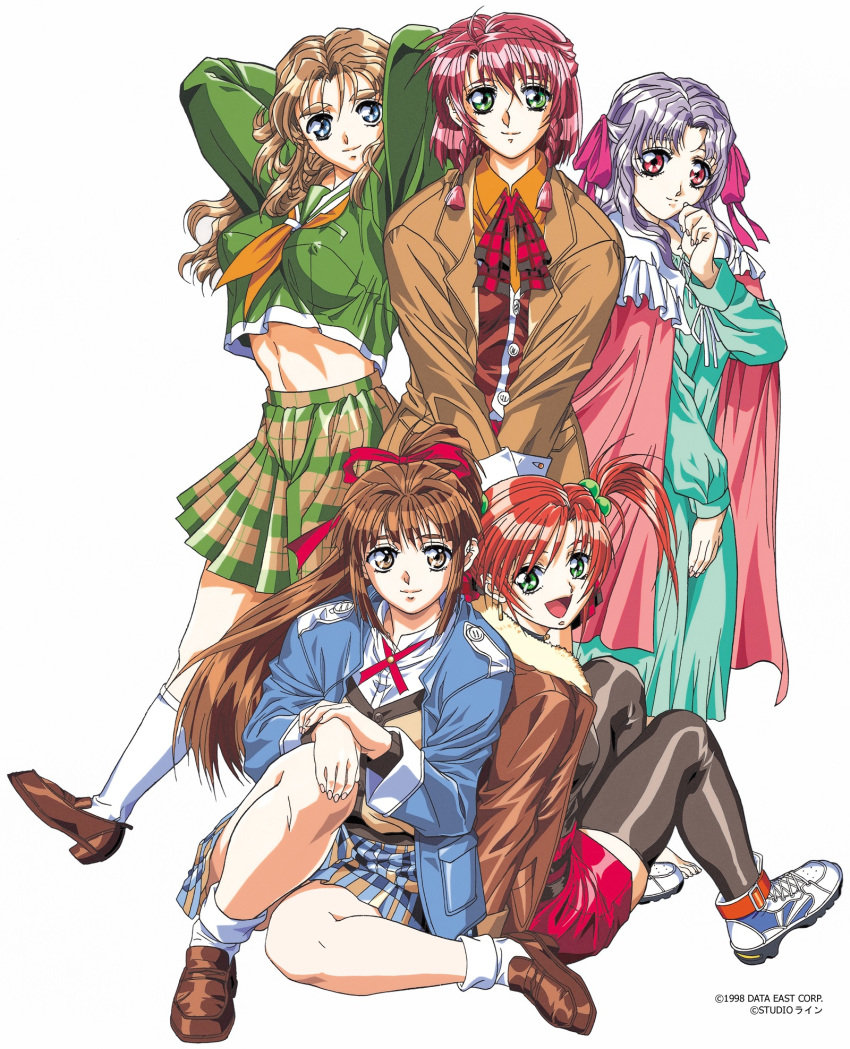 5girls 90s aoki_chisa arms_up back-to-back barefoot black_legwear blue_eyes braid brown_eyes brown_hair copyright covered_nipples dated doukoku_soshite fur_trim green_eyes hair_bobbles hair_ornament hair_ribbon hand_on_own_knee hand_to_own_mouth hands_together hatori_itsumi high-waist_skirt highres jacket kneehighs leather leather_jacket loafers long_hair long_sleeves looking_at_viewer midriff multiple_girls neckerchief norma_wendy official_art oldschool open_clothes open_jacket open_mouth pencil_skirt plaid plaid_skirt pleated_skirt ponytail red_eyes red_hair ribbon sasamoto_riyo school_uniform serafuku shoes silver_hair sitting skirt sleepwear smile sneakers standing thick_eyebrows thighhighs twin_braids twintails v_arms white_legwear yokota_mamoru