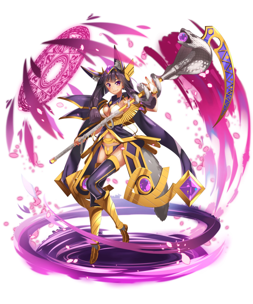 animal_ears armor armored_boots bangs black_hair black_legwear boots breasts bridal_gauntlets cleavage closed_mouth commentary_request egyptian egyptian_clothes eyebrows_visible_through_hair highres holding holding_staff knee_boots large_breasts light_smile long_hair magic magic_circle navel orb original parutoneru pauldrons purple_eyes simple_background snake solo staff standing standing_on_one_leg tail thighhighs thighhighs_under_boots v-shaped_eyebrows white_background yellow_footwear