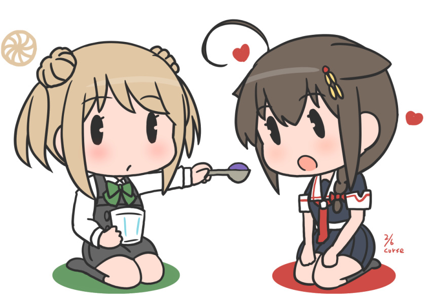 blush bow bowtie braid commentary_request cup curse_(023) dated double_bun dress feeding floor food hair_flaps heart kantai_collection kneeling long_hair long_sleeves michishio_(kantai_collection) multiple_girls necktie open_mouth pinafore_dress remodel_(kantai_collection) school_uniform serafuku shigure_(kantai_collection) shirt short_sleeves skirt white_shirt