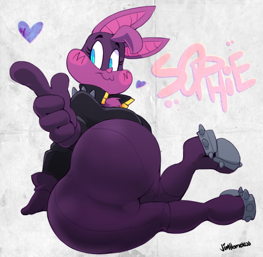 &lt;3 2018 :3 anthro bat batgirl_(vimhomeless) big_butt blue_eyes boots butt chest_tuft clothed clothing female footwear fur gloves hi_res huge_butt looking_back mammal mask pink_fur pointing solo spikes tight_clothing tuft vimhomeless