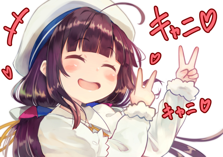 :d ^_^ ahoge blush brat brown_hair closed_eyes collarbone double_v facing_viewer hat heart hinatsuru_ai long_hair long_sleeves open_mouth ribbon ryuuou_no_oshigoto! smile solo translation_request twintails v white_hat yellow_ribbon