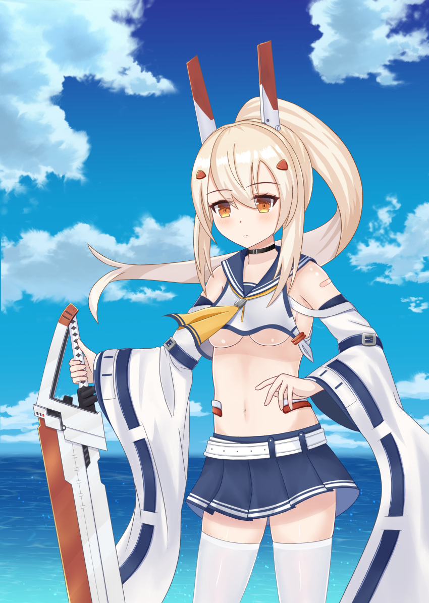 absurdres ayanami_(azur_lane) azur_lane bandaid_on_arm bangs bare_shoulders belt biako blue_skirt blue_sky blush breasts brown_eyes closed_mouth cloud cloudy_sky crop_top crop_top_overhang day eyebrows_visible_through_hair hair_between_eyes hair_ornament headgear high_ponytail highres holding light_brown_hair long_hair long_sleeves md5_mismatch medium_breasts midriff navel ocean outdoors pleated_skirt ponytail revision school_uniform serafuku shirt skirt sky sleeveless sleeveless_shirt solo standing thighhighs underboob very_long_hair water white_belt white_legwear white_shirt wide_sleeves zettai_ryouiki