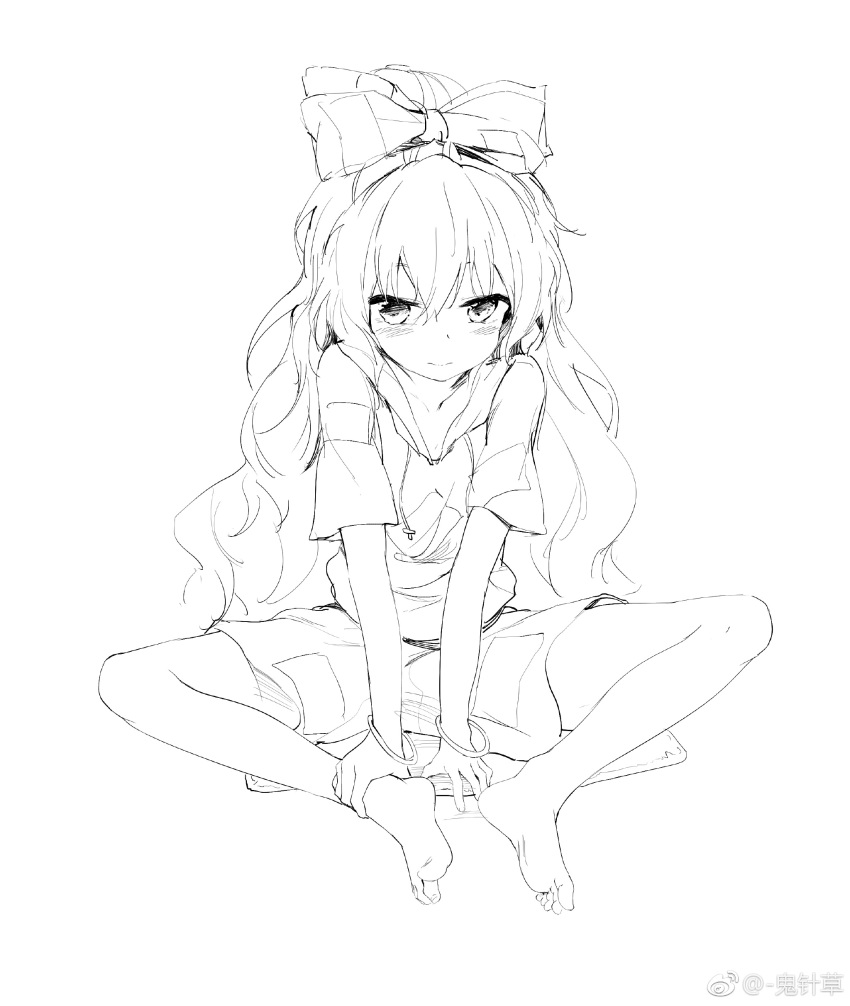 absurdres bangle bare_legs barefoot bow bracelet chen_bin closed_mouth drawstring feet full_body greyscale hair_between_eyes hair_bow highres hood hoodie jewelry long_hair looking_at_viewer miniskirt monochrome simple_background sitting sketch skirt soles solo touhou very_long_hair watermark weibo_logo weibo_username white_background yorigami_shion