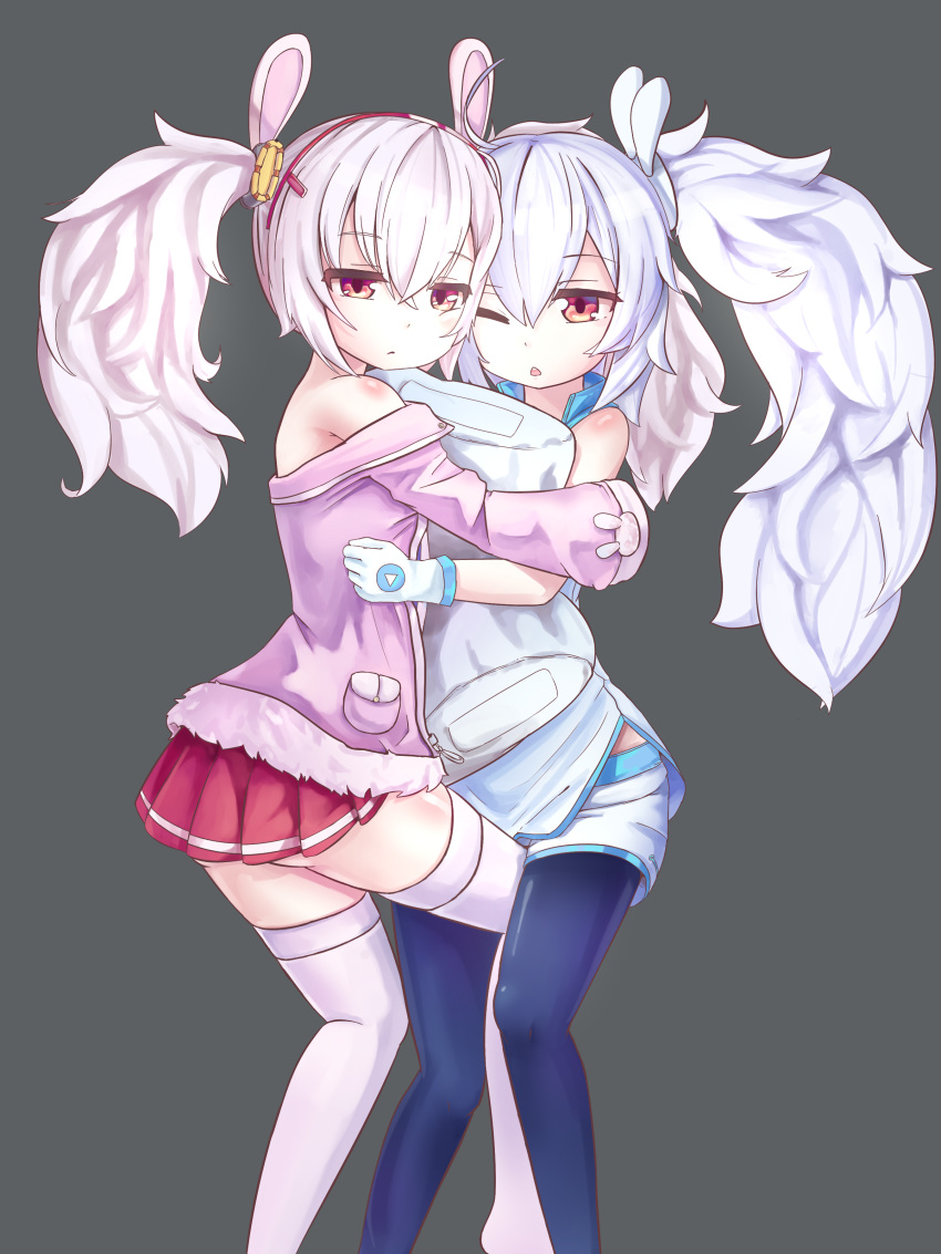:&lt; absurdres alternate_costume animal_ears azur_lane bangs bare_shoulders between_legs black_legwear brown_eyes bunny_ears closed_mouth dual_persona eyebrows_visible_through_hair fur-trimmed_jacket fur_trim gloves greentree grey_background hair_between_eyes hair_ornament hairband highres hug jacket laffey_(azur_lane) long_hair long_sleeves looking_at_viewer looking_to_the_side lying multiple_girls off_shoulder on_back on_side one_eye_closed pantyhose parted_lips pillow pink_jacket pleated_skirt pocket red_hairband red_skirt shirt short_shorts shorts sidelocks silver_hair simple_background skirt sleeveless sleeveless_shirt sleeves_past_fingers sleeves_past_wrists thighhighs triangle_mouth twintails upper_teeth very_long_hair white_gloves white_legwear white_shirt white_shorts