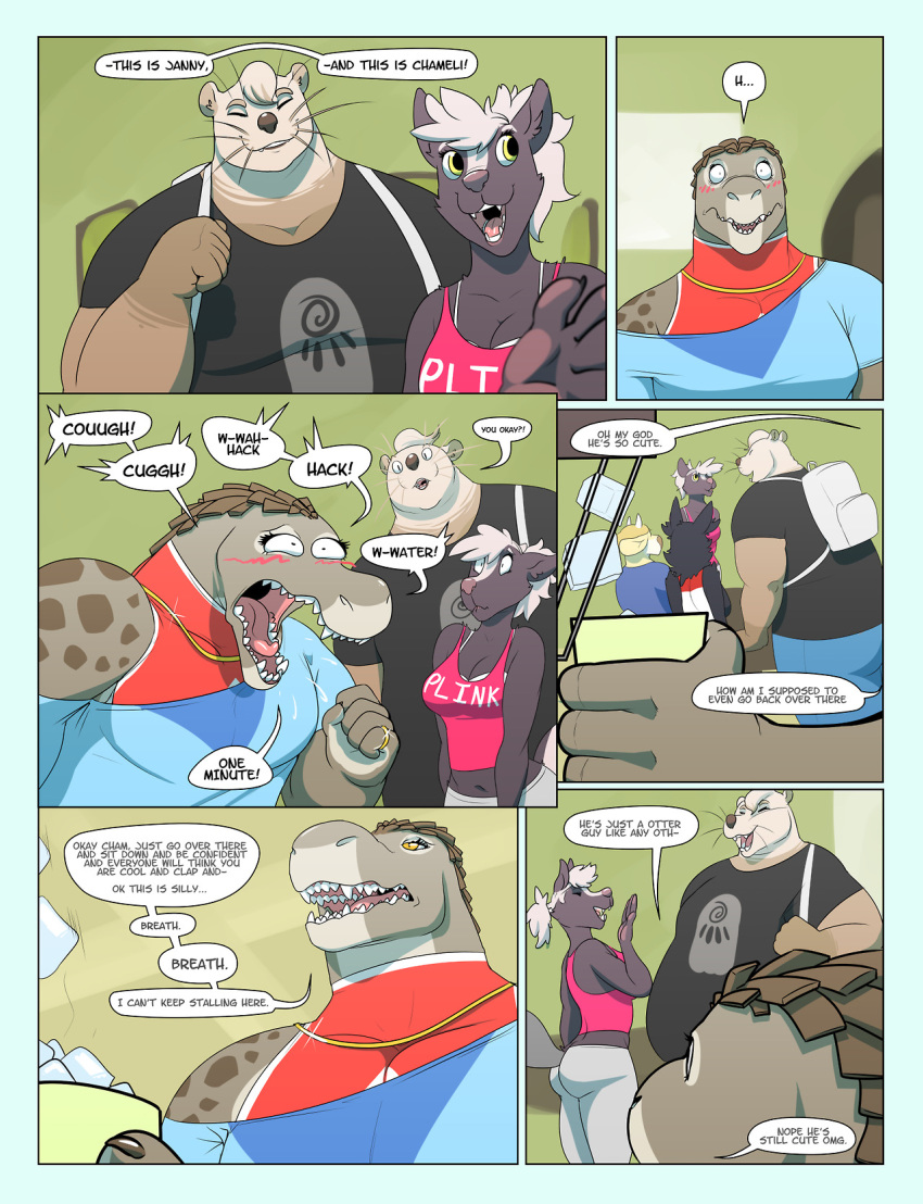2017 anthro better_version_at_source blush canine chameli clothed clothing comic dialogue english_text female fur hair inside male mammal mustelid otter ritts scalie sharp_teeth tagme teeth text