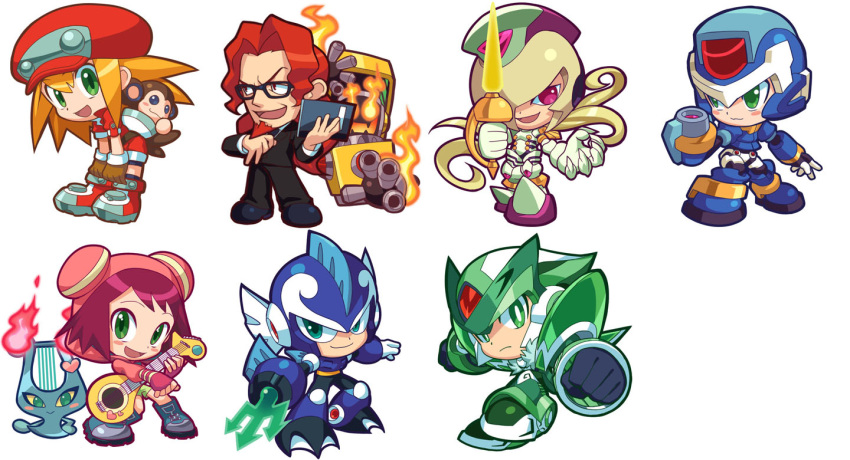 aile android arm_cannon beam_saber blonde_hair blush blush_stickers cape character_request chibi commentary_request data_(rockman_dash) elpis facial_hair formal full_body glasses gloves goatee green_eyes guitar harp_(ryuusei_no_rockman) hat heatman_exe helmet hibiki_misora hino_kenichi hood hood_up hoodie instrument kin_niku long_hair monkey multiple_girls music notebook open_mouth playing_games playing_instrument purple_eyes purple_hair rapier red_cape red_hair red_hat rockman rockman_dash rockman_exe rockman_zero rockman_zero_2 rockman_zx roll_caskett ryuusei_no_rockman shoes shorts sidelocks simple_background smile snickers spiked_hair suit sword vent weapon white_background white_gloves