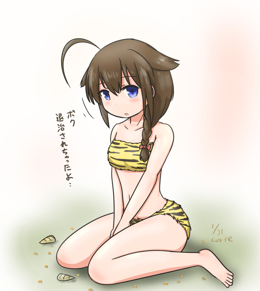 ahoge animal_print bandeau blue_eyes blush braid brown_hair collarbone curse_(023) dated flower full_body hair_flaps hair_flower hair_ornament highres kantai_collection kneeling legs_together long_hair looking_at_viewer navel oni oni_costume oni_horns open_mouth remodel_(kantai_collection) shigure_(kantai_collection) simple_background single_braid solo tiger_print translation_request white_background
