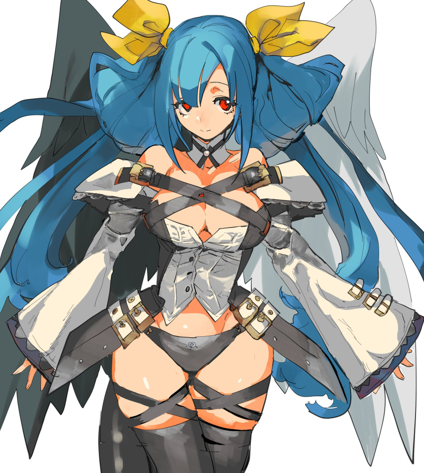 2344 absurdres asymmetrical_wings bangs bare_shoulders belt belt_buckle black_belt black_legwear black_panties black_wings blue_hair breasts buckle buttons cleavage closed_mouth collarbone cowboy_shot detached_collar detached_sleeves dizzy eyebrows eyelashes feathers fingernails groin guilty_gear guilty_gear_xrd hair_between_eyes hair_ribbon highres large_breasts long_hair long_sleeves low_twintails panties red_eyes ribbon shirt sidelocks simple_background smile solo standing swept_bangs tail thigh_gap thighhighs turtleneck twintails underwear white_background white_belt white_wings wide_sleeves wings yellow_ribbon
