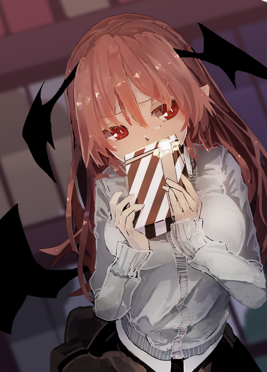 absurdres bangs blush bookshelf box breasts covering_mouth eyebrows_visible_through_hair futatsuki_eru gift gift_box hair_between_eyes head_wings highres holding holding_gift koakuma large_breasts long_hair long_sleeves pointy_ears red_eyes red_hair solo touhou valentine wings