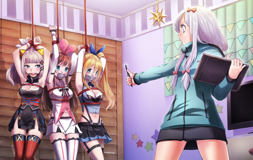 a.i._channel blonde_hair blue_eyes blush bondage breasts brown_hair cleavage eromanga-sensei eudetenis green_eyes izumi_sagiri japanese_clothes kaguya_luna kaguya_luna_(character) kizuna_a.i. long_hair mirai_akari mirai_akari_project navel pink_hair rope shorts skirt thighhighs twintails watermark