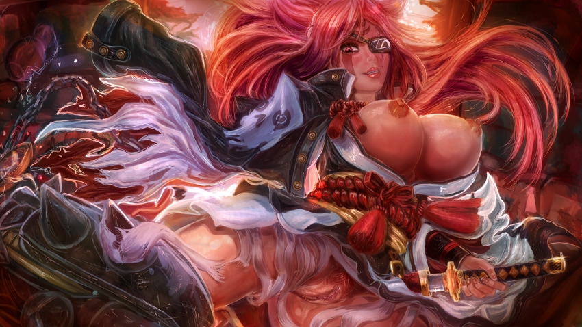 amputee baiken bouncing_breasts breasts breasts_outside chain claw_(weapon) colored_pubic_hair commentary dark_nipples eyepatch facial_tattoo guilty_gear guilty_gear_xrd hand_on_hilt highres japanese_clothes katana kimono large_breasts lips md5_mismatch mightyhonk nipples no_panties one-eyed pink_eyes pink_hair pubic_hair pussy reverse_grip scabbard scar scar_across_eye sheath solo sword tattoo uncensored unsheathing weapon