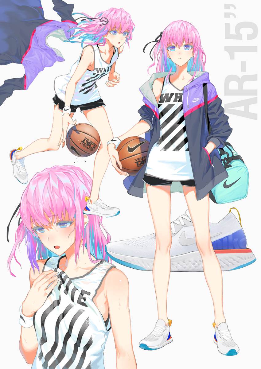ball bangs bare_shoulders basketball basketball_jersey black_bra black_shorts blue_eyes blush bra bra_peek breasts character_name closed_mouth clothes_pull collarbone colored_eyelashes commentary cross-laced_footwear duffle_bag eyebrows_visible_through_hair fashion floating_hair girls_frontline hair_between_eyes hair_ornament half-closed_eyes hand_in_pocket highres holding holding_ball jacket ladic long_hair looking_at_viewer multicolored_hair multiple_views nike no_socks one_side_up open_mouth pastel_colors pink_hair product_placement running short_shorts shorts side_ponytail sidelocks simple_background small_breasts st_ar-15_(girls_frontline) strap sweat sweatdrop thighs underwear white_background wristband