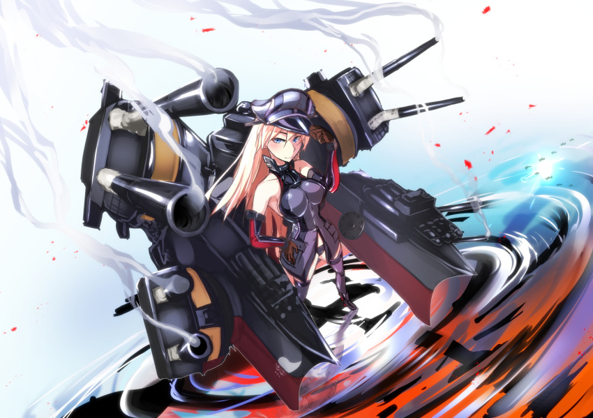 anchor_hair_ornament bare_shoulders bismarck_(kantai_collection) blonde_hair blue_eyes brown_gloves cannon commentary_request detached_sleeves full_body gloves grey_legwear hair_ornament hat iron_cross kantai_collection long_hair looking_at_viewer machinery military military_hat military_uniform peaked_cap ryuu_tou smoke solo standing thighhighs uniform water