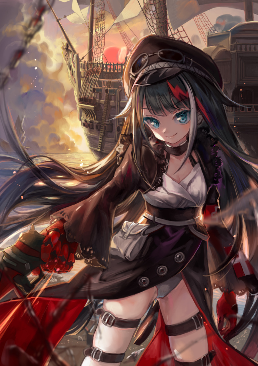 absurdres armband azur_lane bangs belt black_hair black_hat blue_eyes breasts chain cleavage cloud commentary_request cropped_jacket deutschland_(azur_lane) eyebrows_visible_through_hair gloves goggles goggles_on_headwear gun hair_flaps hat head_tilt highres holding holding_gun holding_weapon iron_cross lace_trim long_hair long_sleeves looking_at_viewer maccha_(mochancc) mast multicolored_hair ocean panties pantyshot pantyshot_(standing) peaked_cap pouch red_hair sail ship sidelocks silver_hair skindentation small_breasts smile standing streaked_hair sunrise thigh_strap thighs underwear very_long_hair water watercraft weapon