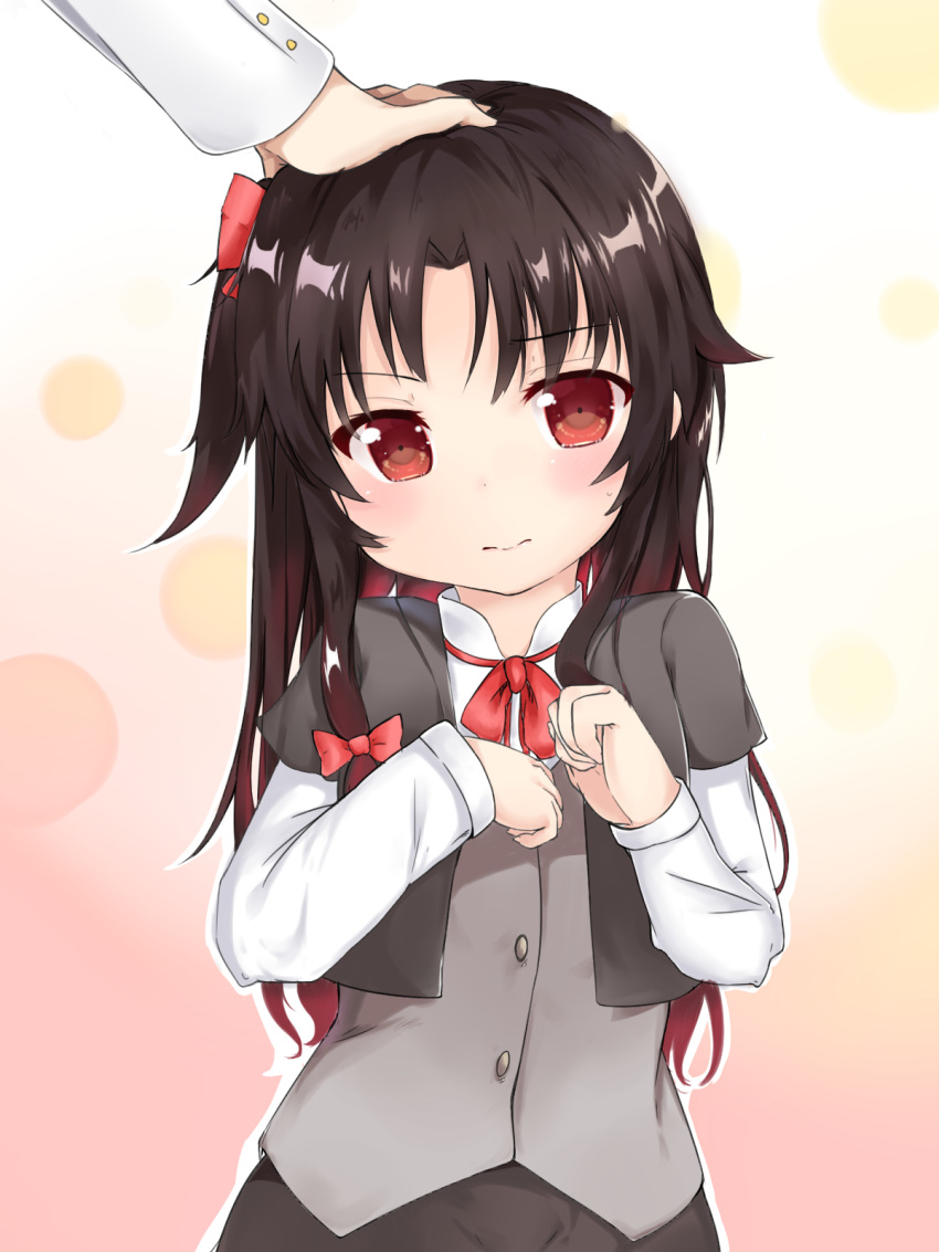 bangs black_hair black_jacket black_skirt blush bow closed_mouth commentary_request eyebrows_visible_through_hair gradient_hair grey_vest hair_bow hair_ribbon hands_up head_tilt highres jacket long_hair long_sleeves multicolored_hair one_side_up out_of_frame petting red_bow red_eyes red_hair red_ribbon ribbon ryuuou_no_oshigoto! shirt short_over_long_sleeves short_sleeves sidelocks skirt solo_focus tiguruvurumudo_vuorun very_long_hair vest white_shirt yashajin_ai