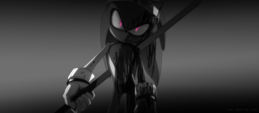 black_and_white blood einnharder looking_at_viewer male melee_weapon monochrome pink_eyes solo sonic_(series) sonic_the_hedgehog weapon