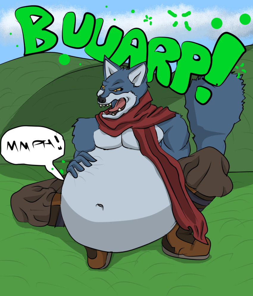 2018 anthro belly bergamo big_belly blue_fur burping canine dragon_ball dragon_ball_super fayed89 fur hand_on_stomach male mammal muscular open_mouth post_vore scarf simple_background vore wolf