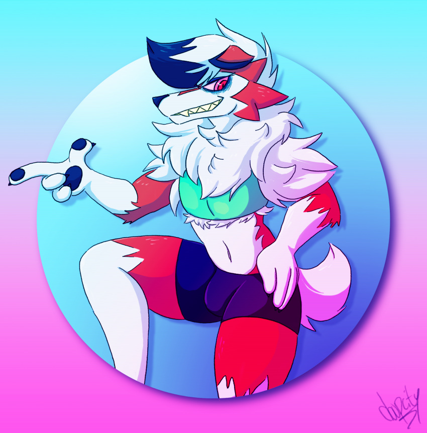 anthro bulge clothed clothing doopcity gradient_background hi_res looking_at_viewer lycanroc male navel nintendo pok&eacute;mon pok&eacute;mon_(species) signature simple_background solo video_games