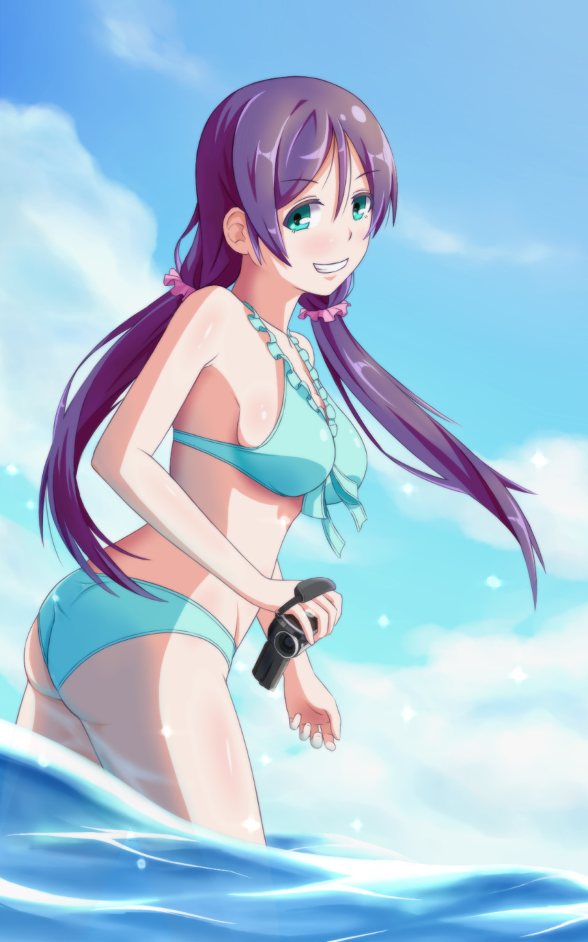 aqua_bikini ass bibido bikini blue_sky blush bow breasts cloud day front-tie_top green_eyes groin hair_bow highres looking_at_viewer love_live! love_live!_school_idol_project low_twintails medium_breasts purple_hair sideboob sky smile solo swimsuit thighs toujou_nozomi twintails video_camera wading
