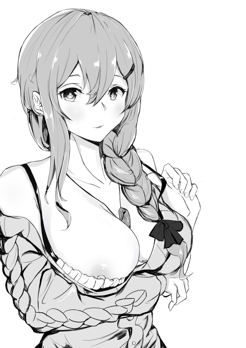 alternate_costume areola_slip areolae bangs blush braid breasts cleavage collarbone commentary crossed_arms dress framed_breasts girls_frontline greyscale hair_between_eyes hair_ornament hairclip highres jewelry large_breasts long_hair looking_at_viewer mg3_(girls_frontline) monochrome necklace nipple_slip nipples off_shoulder parted_lips ribbed_sweater rosehip_t72 sidelocks single_braid skindentation smile sweater