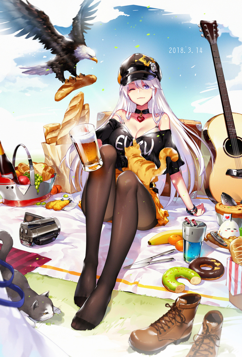 absurdres alcohol alternate_costume arm_support azur_lane baguette bald_eagle banana bangs bare_shoulders beer beer_mug bird black_hat black_legwear blanket blue_sky blush boots boots_removed bottle bra bread breasts brown_footwear butter_knife case cat choker cleavage clothes_writing cloud cross-laced_footwear cup curry dated day doughnut eagle enterprise_(azur_lane) eyebrows_visible_through_hair feet food fruit full_body grass guitar hat heart heart_choker highres holding holding_cup instrument jewelry lace-up_boots large_breasts leaves_in_wind light_rays long_hair looking_at_viewer luode_huayuan miniskirt mug off_shoulder one_eye_closed orange outdoors pantyhose peaked_cap pendant petals picnic_basket plate purple_eyes shirt shirt_pull shoes_removed sidelocks silver_hair sitting skirt sky smile solo stargazy_pie thighband_pantyhose underwear very_long_hair video_camera white_bra wind wristband