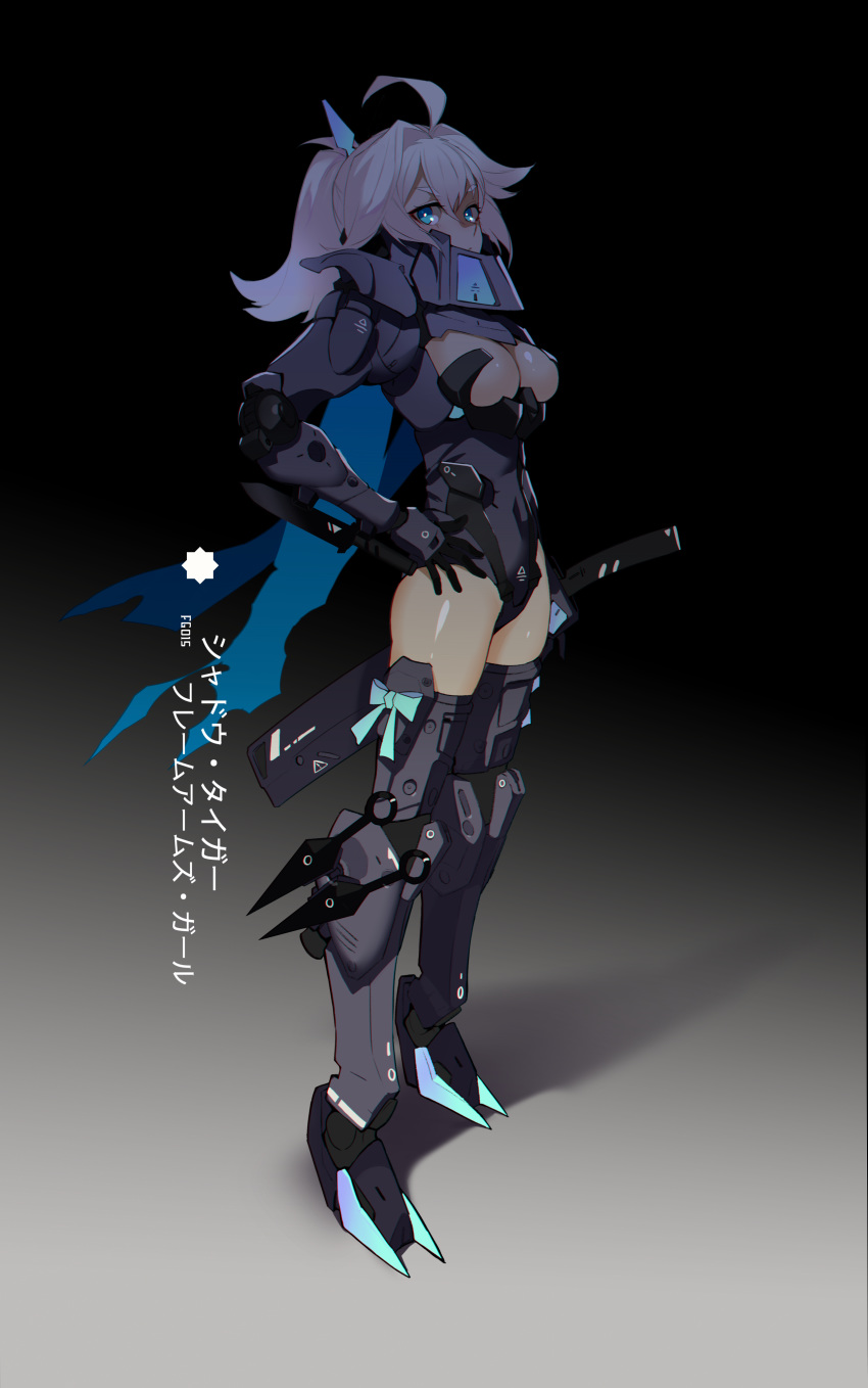 absurdres ahoge armor armored_boots armored_leotard baihu_(frame_arms_girl) bangs black_footwear black_leotard blue_bow blue_eyes blush boots bow breasts bridal_gauntlets character_request cleavage cleavage_cutout closed_mouth covered_navel dark_background eyebrows_visible_through_hair frame_arms frame_arms_girl from_side full_body hand_on_hip highres kunai leotard long_hair looking_at_viewer looking_to_the_side mecha_musume medium_breasts ponytail realmbw shaded_face shadow shadow_tiger_(frame_arms) sheath sheathed shiny shiny_skin solo sword thick_eyebrows thigh_boots thighhighs thighs translation_request weapon white_hair