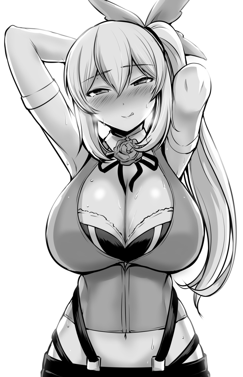 armpits arms_behind_head blush breasts cleavage elbow_gloves gloves greyscale hair_ribbon heavy_breathing highres kanno_takanori large_breasts licking_lips long_hair looking_at_viewer midriff mirai_akari mirai_akari_project monochrome naughty_face navel nose_blush ribbon side_ponytail simple_background solo sweat tongue tongue_out virtual_youtuber white_background