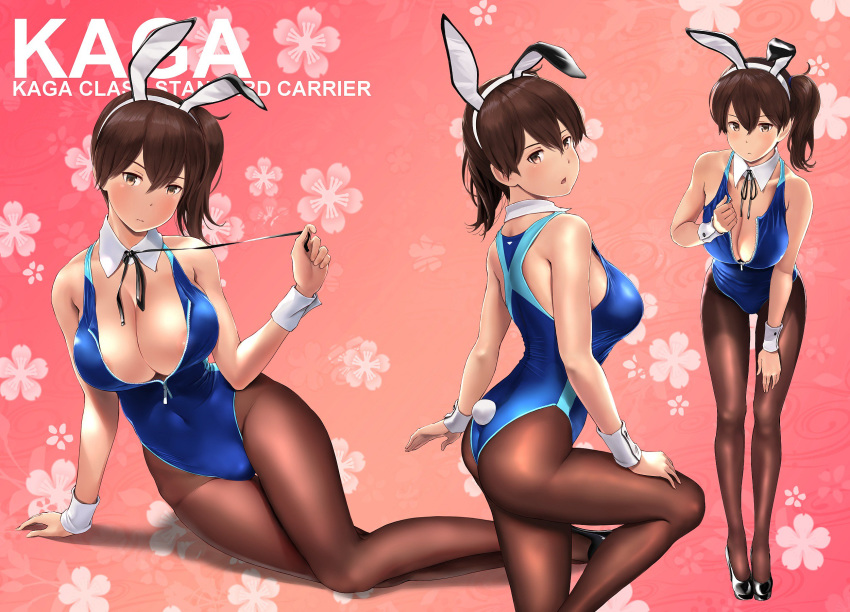 alternate_costume animal_ears areola_slip areolae ass black_footwear blue_swimsuit blush breasts brown_eyes brown_hair bunny_ears bunny_tail character_name cleavage closed_mouth collarbone commentary_request competition_swimsuit covered_navel detached_collar fake_animal_ears fake_tail floral_background hand_on_own_chest hand_on_thigh highres kaga_(kantai_collection) kantai_collection large_breasts leaning_forward looking_at_viewer lying multiple_views on_side one-piece_swimsuit pantyhose pantyhose_under_swimsuit pink_background side_ponytail swimsuit tail wa_(genryusui) wrist_cuffs