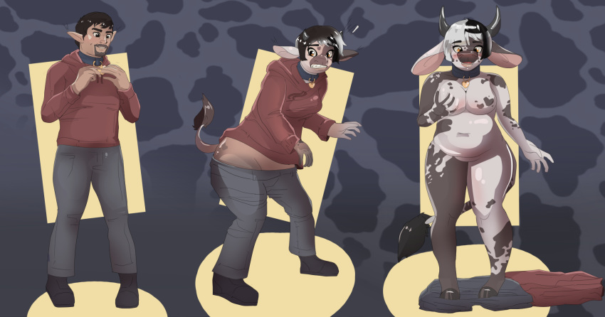 ! 2018 anthro big_breasts black_hair bovine breasts cattle clenched_teeth clothing collar female gender_transformation hair hoodie horn looking_at_viewer male mammal mtf_transformation nude open_mouth reddishmaroon sequence slightly_chubby smile solo standing teeth transformation