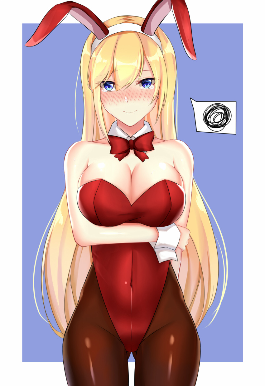 animal_ears ass_visible_through_thighs azur_lane blonde_hair blue_eyes blush bow bowtie breasts brown_legwear bunny_ears bunny_girl bunnysuit cleavage commentary commentary_request cowboy_shot detached_collar eternity_(pixiv8012826) highres large_breasts leotard long_hair looking_at_viewer north_carolina_(azur_lane) pantyhose partial_commentary red_leotard red_neckwear solo standing strapless strapless_leotard wrist_cuffs