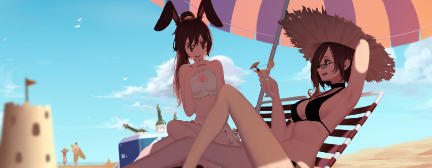 2girls :d absurdres alcohol animal_ears arm_behind_head arm_up armpits bangs bare_arms bare_legs bare_shoulders beach bikini black-framed_eyewear black_bikini black_choker blue_sky bottle bunny_ears cfvy chair champagne choker cleavage_cutout cloud coco_adel commentary cooler cup day dishwasher1910 drinking_glass english_commentary fidgeting flag fox_alistair frilled_bikini frills glasses hat heart_cutout high_ponytail highres ice ice_cube knee_up long_hair lounge_chair lying multiple_boys multiple_girls on_back open_mouth outdoors ponytail profile rwby sand_castle sand_sculpture short_hair_with_long_locks sitting sky smile straw_hat sun_hat sunglasses surfboard swimsuit umbrella upper_teeth velvet_scarlatina white_bikini yatsuhashi_daichi