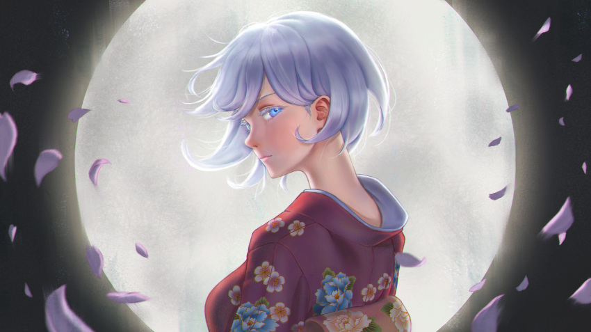 bibido blue_eyes blue_hair colored_eyelashes floral_print full_moon highres japanese_clothes kimono looking_at_viewer moon nape obi original petals sash short_hair upper_body yukata