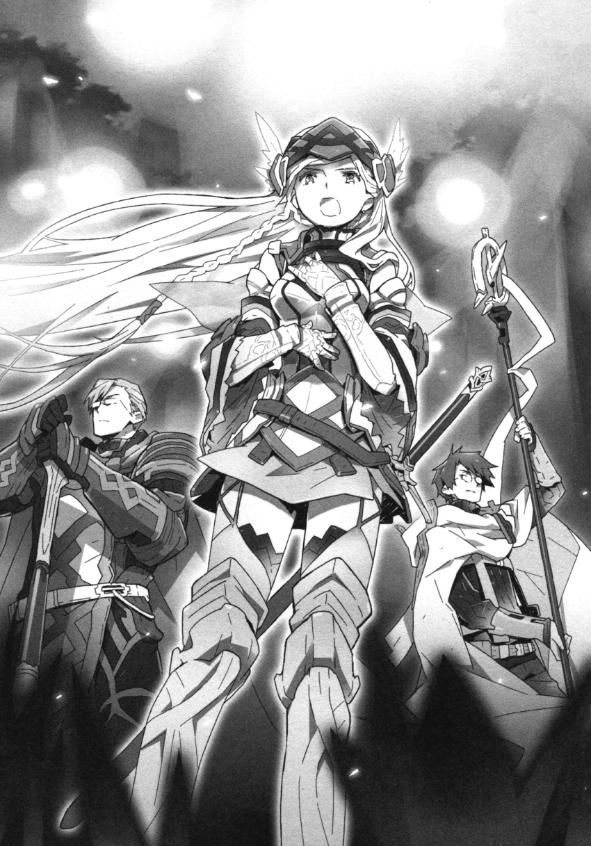 2boys armor armored_dress boots braid breastplate breasts cape crusty_(log_horizon) dress floating_hair from_below garter_straps glasses gloves greaves greyscale hands_on_hilt hara_kazuhiro highres holding holding_staff log_horizon long_hair monochrome multiple_boys novel_illustration official_art outdoors reinesia_el_arte_cowen sheath sheathed shiroe short_dress shoulder_armor small_breasts spaulders staff sword thigh_boots thighhighs very_long_hair weapon zettai_ryouiki