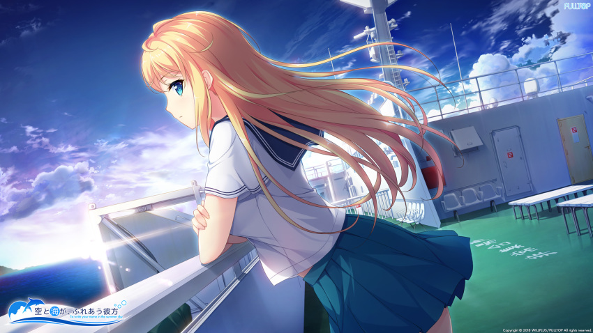 blonde_hair blue_eyes blue_skirt crossed_arms day eyebrows_visible_through_hair floating_hair from_side game_cg highres leaning_forward long_hair looking_at_viewer miniskirt outdoors pleated_skirt school_uniform serafuku shirase_emily shirt short_sleeves skirt solo sora_to_umi_ga_fureau_kanata sunset very_long_hair white_shirt yashima_takahiro