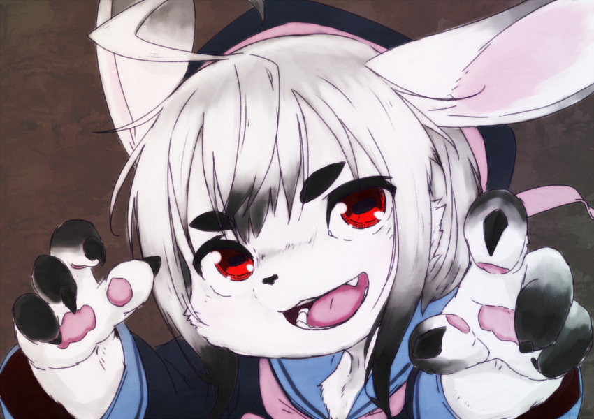 1girl artist_request furry open_mouth rabbit red_eyes short_hair solo white_hair