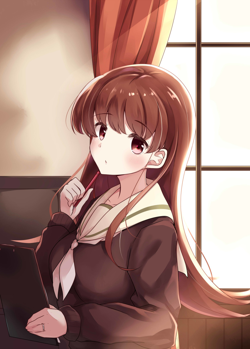 :o absurdres bangs black_serafuku blush breasts brown_shirt clipboard curtains day eyebrows_visible_through_hair from_side highres holding holding_pencil indoors jewelry kantai_collection long_hair long_sleeves looking_to_the_side medium_breasts neckerchief ooi_(kantai_collection) parted_lips pencil pencil_to_face remodel_(kantai_collection) revision ring sailor_collar school_uniform serafuku shiny shiny_hair shirt solo soramuko straight_hair upper_body wedding_band white_neckwear white_sailor_collar window