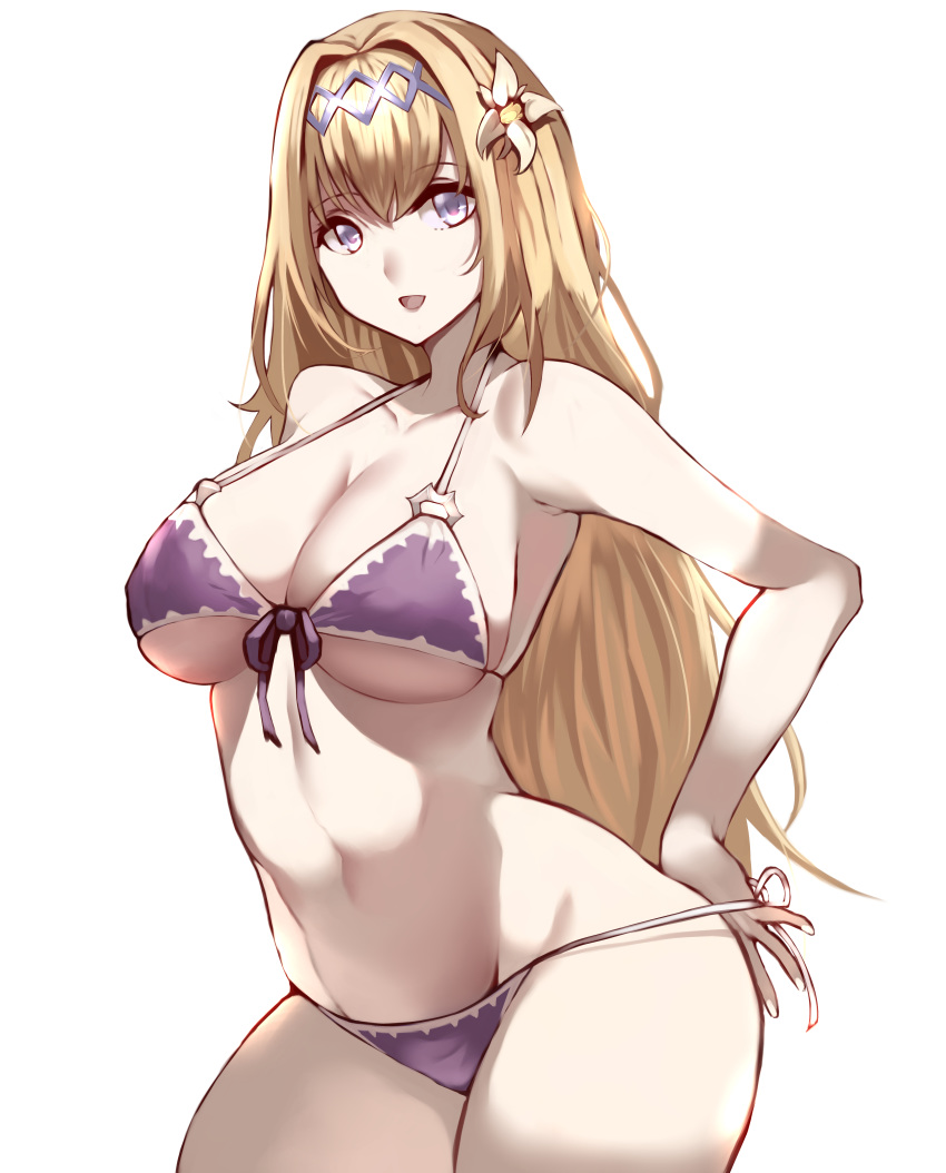 :d absurdres adjusting_clothes adjusting_swimsuit armpits bangs bare_arms bare_shoulders bikini blonde_hair breasts cleavage collarbone cowboy_shot eyebrows_visible_through_hair eyelashes flower front-tie_bikini front-tie_top granblue_fantasy hair_flower hair_ornament hairband halter_top halterneck hand_on_hip highres jeanne_d'arc_(granblue_fantasy) kisaragi_(legobionicle23) large_breasts long_hair looking_at_viewer navel open_mouth purple_bikini purple_eyes purple_ribbon ribbon simple_background smile solo standing stomach straight_hair string_bikini swimsuit thighs underboob very_long_hair white_background white_flower white_ribbon