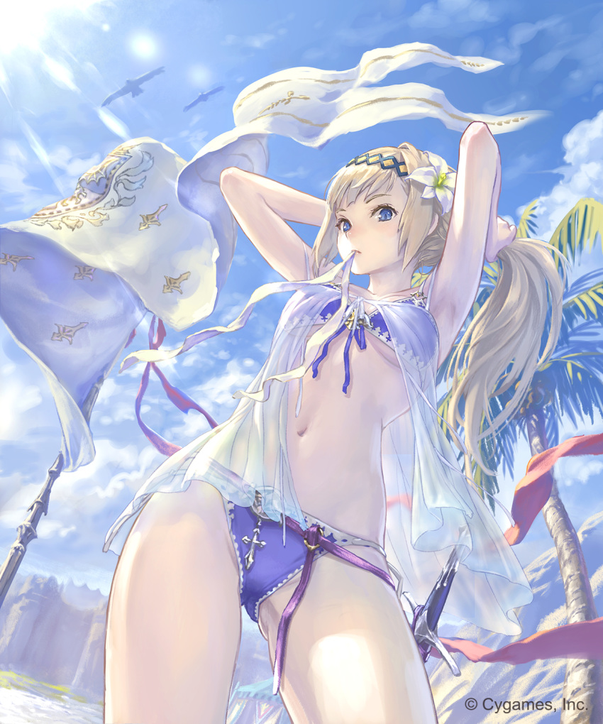 armpits arms_up ass_visible_through_thighs bangs banner bikini bird blonde_hair blue_eyes blush breasts cloud contrapposto cowboy_shot cygames day flower front-tie_bikini front-tie_top granblue_fantasy hair_flower hair_ornament hairband hairdressing hibiscus highres hisakata_souji jeanne_d'arc_(granblue_fantasy) lens_flare light_rays long_hair looking_at_viewer medium_breasts mouth_hold navel outdoors palm_tree purple_bikini purple_ribbon ribbon see-through sheath sheathed solo standing stomach sunbeam sunlight swimsuit sword thighs tree tying_hair underboob very_long_hair weapon