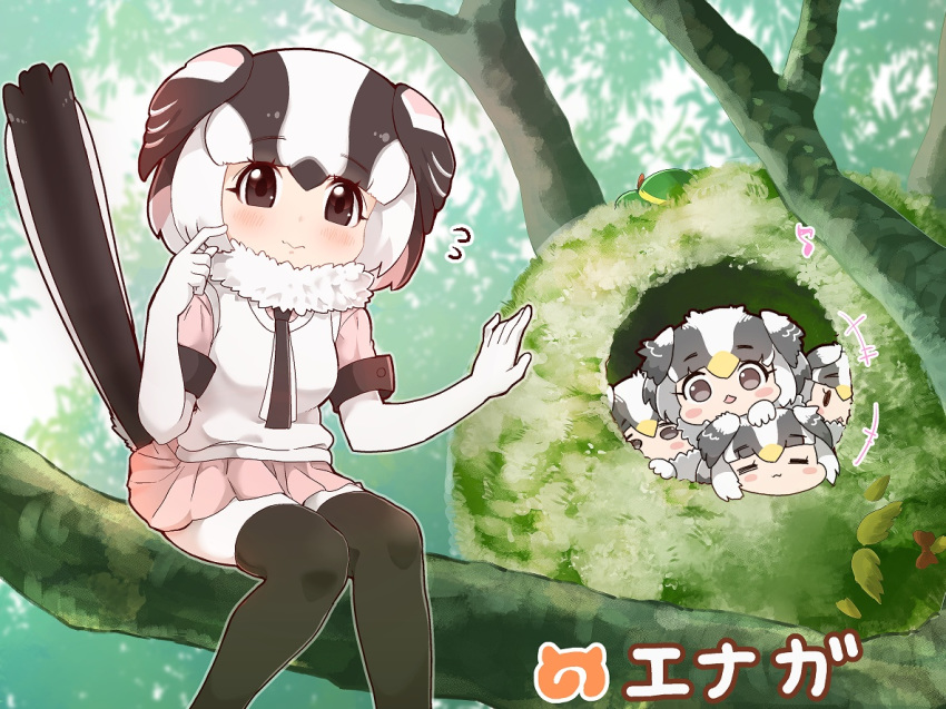 5girls =_= bird_tail black_eyes black_hair black_legwear blush blush_stickers character_name chibi child commentary_request day elbow_gloves eyebrows_visible_through_hair flying_sweatdrops fur_collar gloves head_wings in_tree japari_symbol kemono_friends long-tailed_tit_(kemono_friends) looking_at_viewer multicolored_hair multiple_girls musical_note necktie nest outdoors scratching_cheek short_hair sitting sitting_in_tree tanaka_kusao thighhighs translated tree wavy_mouth white_gloves white_hair
