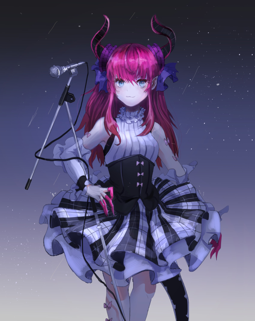bad_id bad_pixiv_id beonda blue_eyes breasts commentary curled_horns dragon_girl dragon_horns dragon_tail elizabeth_bathory_(fate) elizabeth_bathory_(fate)_(all) fate/extra fate/extra_ccc fate/grand_order fate_(series) highres horns long_hair microphone night night_sky plaid plaid_skirt pointy_ears purple_hair skirt sky small_breasts solo tail