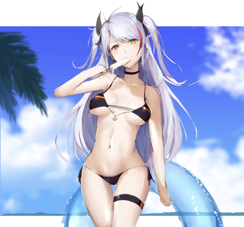anchor_symbol antenna_hair azur_lane bangs bikini black_bikini black_bikini_bottom black_ribbon blush breasts choker collarbone commentary_request cowboy_shot eating eyebrows_visible_through_hair food hair_between_eyes head_tilt highres holding innertube kagerou_(gigayasoma) large_breasts licking long_hair looking_at_viewer multicolored_hair navel popsicle prinz_eugen_(azur_lane) red_hair ribbon side-tie_bikini sidelocks silver_hair smile solo standing stomach streaked_hair swimsuit thigh_strap thighs tongue tongue_out two_side_up very_long_hair