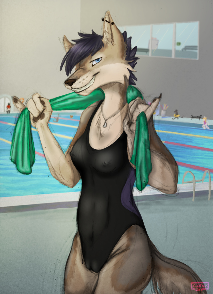 anthro blue_eyes breasts brown_fur caatnip camel_toe canine clothed clothing coyote female fur grin group hair hi_res looking_at_viewer mammal michelle_dolceangelo nipple_bulge one-piece_swimsuit short_hair smile solo_focus swimming_pool swimsuit tuni