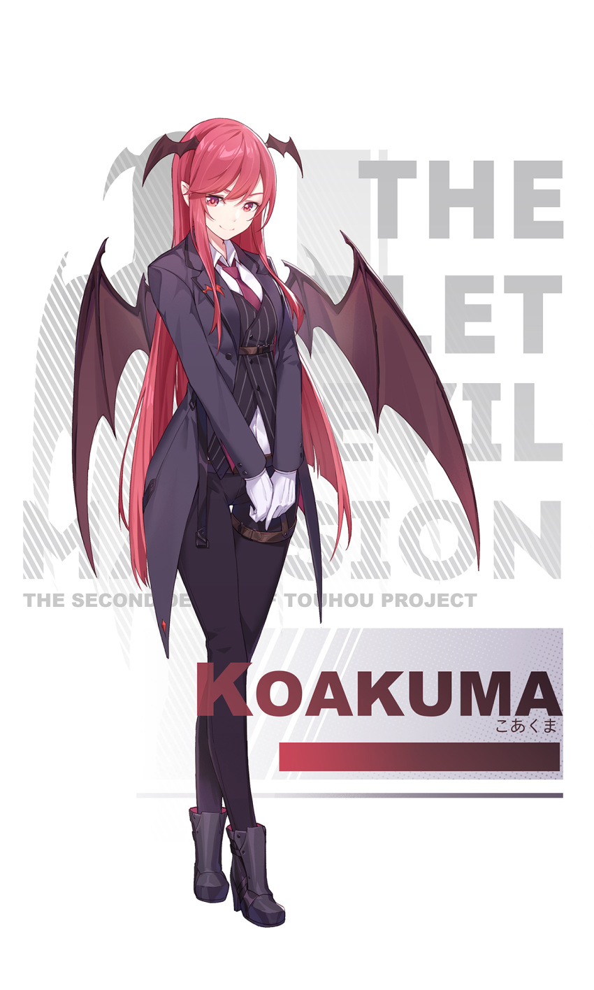 alternate_costume belt black_pants boots buttons character_name closed_mouth collared_shirt crossed_legs demon_wings formal full_body gloves head_wings highres koakuma long_hair long_sleeves looking_at_viewer necktie nian pants pointy_ears red_eyes red_hair red_neckwear shirt smile solo standing suit tail thigh_gap touhou very_long_hair watson_cross white_gloves wing_collar wings
