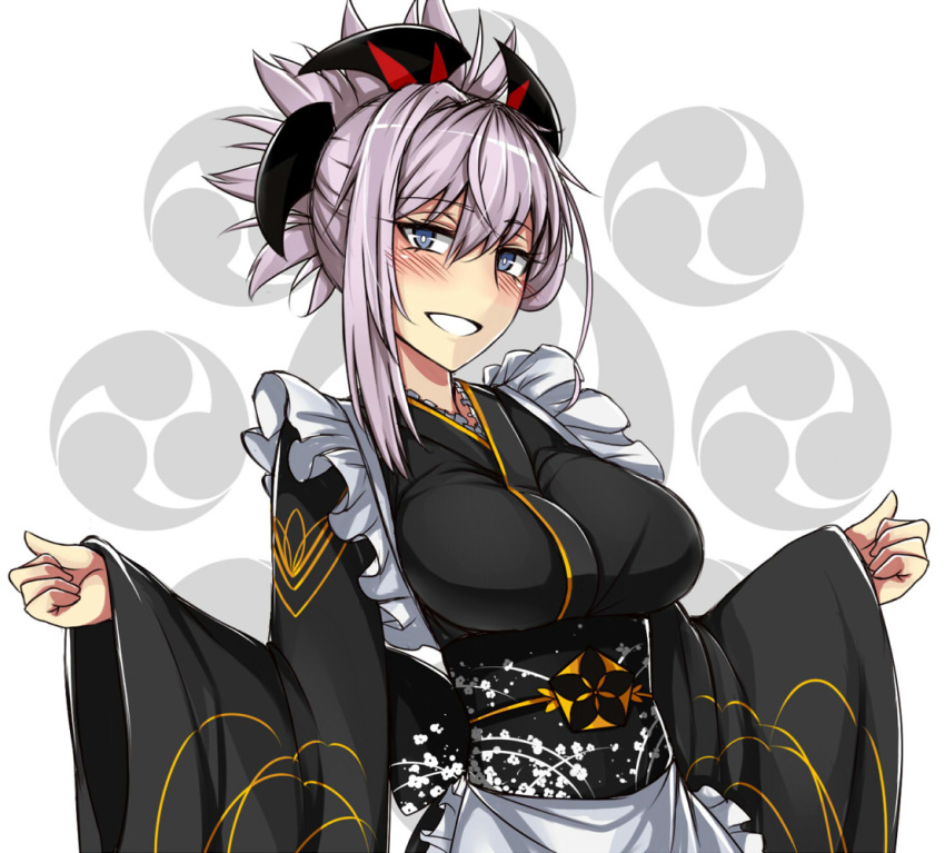 alternate_costume apron black_kimono blue_eyes blush breasts commentary_request eyebrows_visible_through_hair fate/grand_order fate_(series) grey_hair hair_ornament japanese_clothes kimono large_breasts long_hair looking_at_viewer mitsudomoe_(shape) miyamoto_musashi_(fate/grand_order) obi parted_lips sanmotogoroo sash simple_background smile solo tomoe_(symbol) upper_body wa_maid waist_apron white_background wide_sleeves