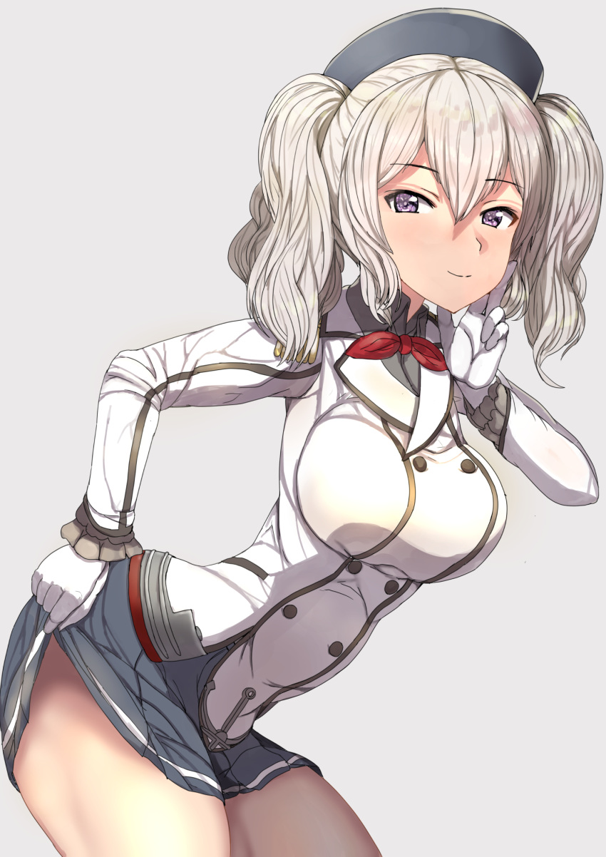 bad_id bad_pixiv_id bangs beret black_hat blue_eyes blush breasts buttons commentary_request epaulettes eyebrows_visible_through_hair fingers_to_cheek gloves grey_background hair_between_eyes hat highres jacket kantai_collection kashima_(kantai_collection) large_breasts leaning_forward long_hair long_sleeves looking_at_viewer military military_jacket military_uniform neckerchief open_mouth pleated_skirt red_neckwear sidelocks sikijou77o silver_hair simple_background skirt skirt_lift smile solo thighs twintails uniform wavy_hair white_gloves white_jacket