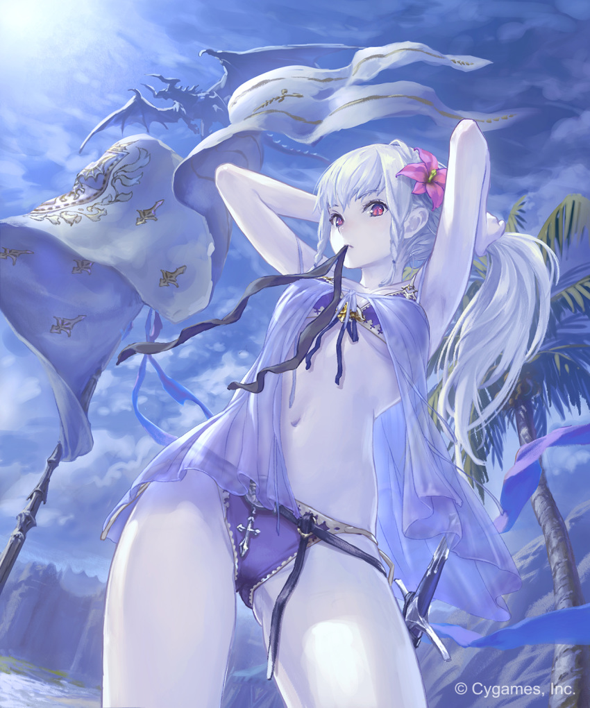 armpits arms_up ass_visible_through_thighs bangs banner bikini bird blush breasts cloud contrapposto cowboy_shot cygames dark_jeanne flower front-tie_bikini front-tie_top granblue_fantasy hair_flower hair_ornament hairband hairdressing hibiscus highres hisakata_souji jeanne_d'arc_(granblue_fantasy) lens_flare light_rays long_hair looking_at_viewer medium_breasts moonlight mouth_hold navel night night_sky outdoors palm_tree purple_bikini purple_ribbon red_eyes ribbon see-through sheath sheathed silver_hair sky solo standing stomach swimsuit sword thighs tree tying_hair underboob very_long_hair weapon