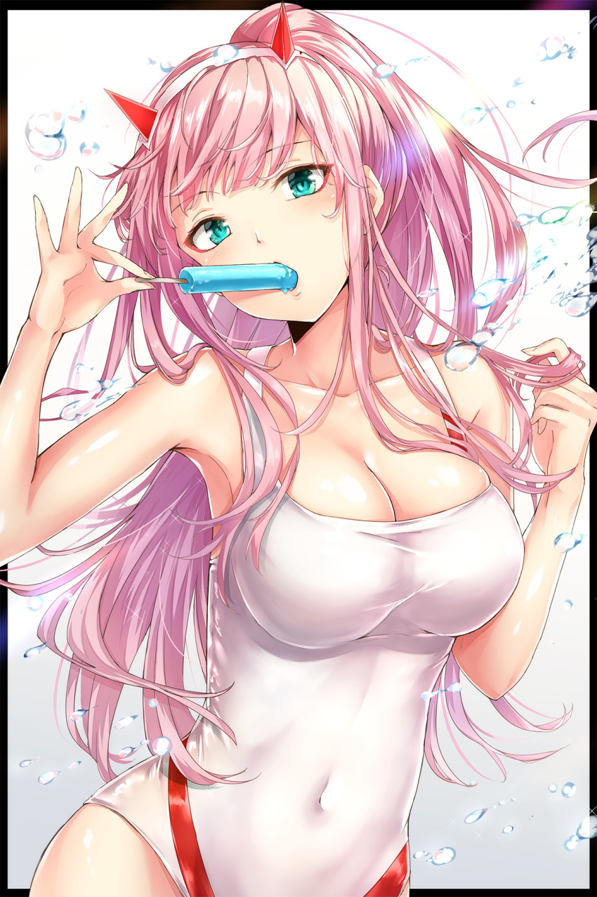 aqua_eyes bangs bare_shoulders blush breasts cleavage commentary_request competition_swimsuit covered_navel dabadhi darling_in_the_franxx eating eyebrows_visible_through_hair eyeshadow food hairband highres horns large_breasts lips long_hair looking_at_viewer makeup one-piece_swimsuit pink_hair popsicle shiny shiny_hair shiny_skin solo straight_hair swimsuit water_drop white_hairband white_swimsuit zero_two_(darling_in_the_franxx)