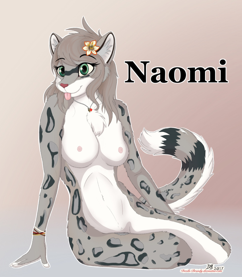 2018 anthro breasts cheek_tuft chest_tuft devils-brandy digital_media_(artwork) eyelashes feline female fluffy fluffy_tail fur green_eyes grey_fur hair hi_res leopard looking_at_viewer mammal nipples nude sandy_hair smile snow_leopard solo tongue tongue_out tuft white_fur