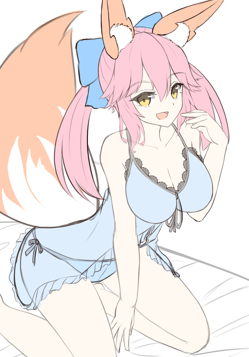:d absurdres animal_ear_fluff animal_ears babydoll bad_id bad_pixiv_id bangs bare_arms bare_shoulders bed_sheet between_legs blue_bow blue_panties bow breasts brown_hair cleavage collarbone eyebrows_visible_through_hair fate/extra fate_(series) fox_ears fox_girl fox_tail hair_between_eyes hair_bow hand_between_legs hand_up highres large_breasts leaning_forward long_hair looking_at_viewer moyoron open_mouth panties pink_hair see-through side-tie_panties simple_background smile solo tail tail_raised tamamo_(fate)_(all) tamamo_no_mae_(fate) twintails underwear very_long_hair white_background work_in_progress